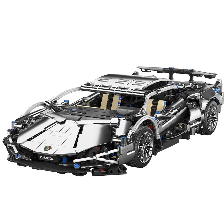 1:14 Scale Electroplated Silver Lamborghini Assembled Sports Car Small Particle Educational Building Blocks Model Toy