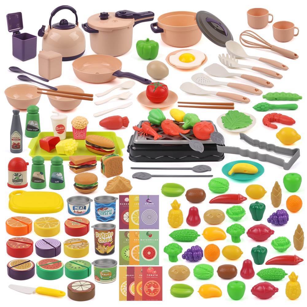 129Pcs Large Set Kids Mini Kitchen Cooking Toy Pots Pans Cookware for Toddlers