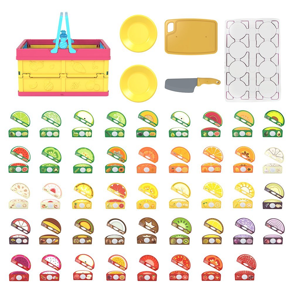 49Pcs Kids Simulation Cuttable Fruit Vegetable Toy Set Kitchen Cutting Play Food with Half Slicable Food & Folding Storage Basket for Boys Girls