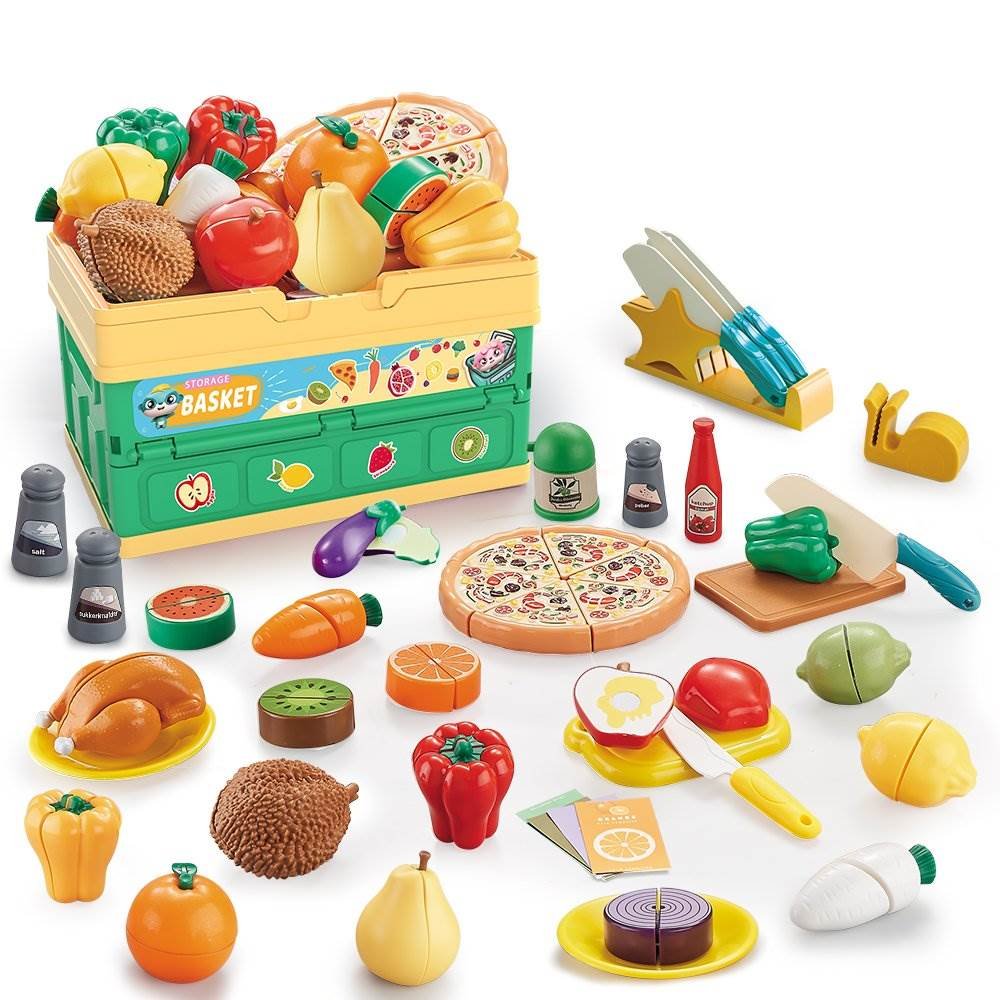 47Pcs Kids Pretend Play Kitchen Toy Cuttable Fruit Vegetable Pizza Set with Number Recognition & Folding Storage Basket