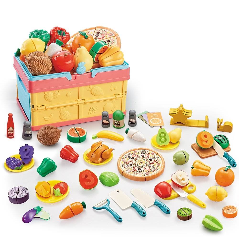 47Pcs Kids Cutting Fruit Vegetable Pizza Play Set with Number Learning Folding Basket