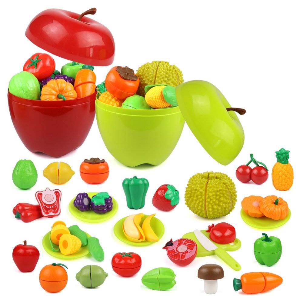 30Pcs Kids Cuttable Fruit Vegetable Play Set with Apple Shaped Storage Box