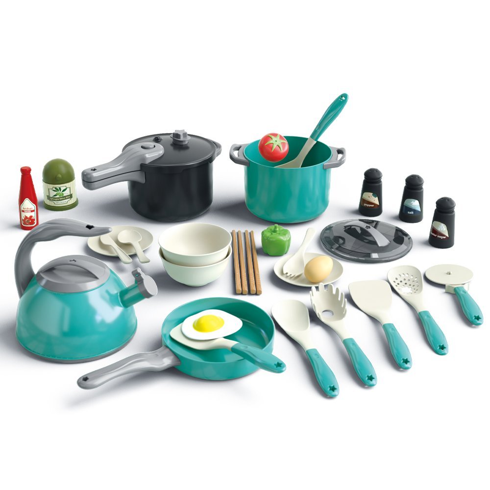 32Pcs Kids Large Kitchen Cookware Play Set Cooking Pan Pressure Cooker Toy