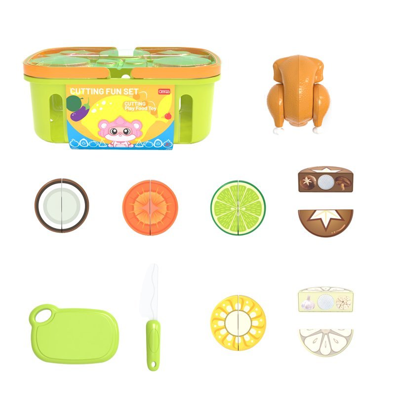 10Pcs Kids Coconut Chicken Cutting Play Set Simulated Roast Chicken Fruits Vegetables Toy with Storage Basket